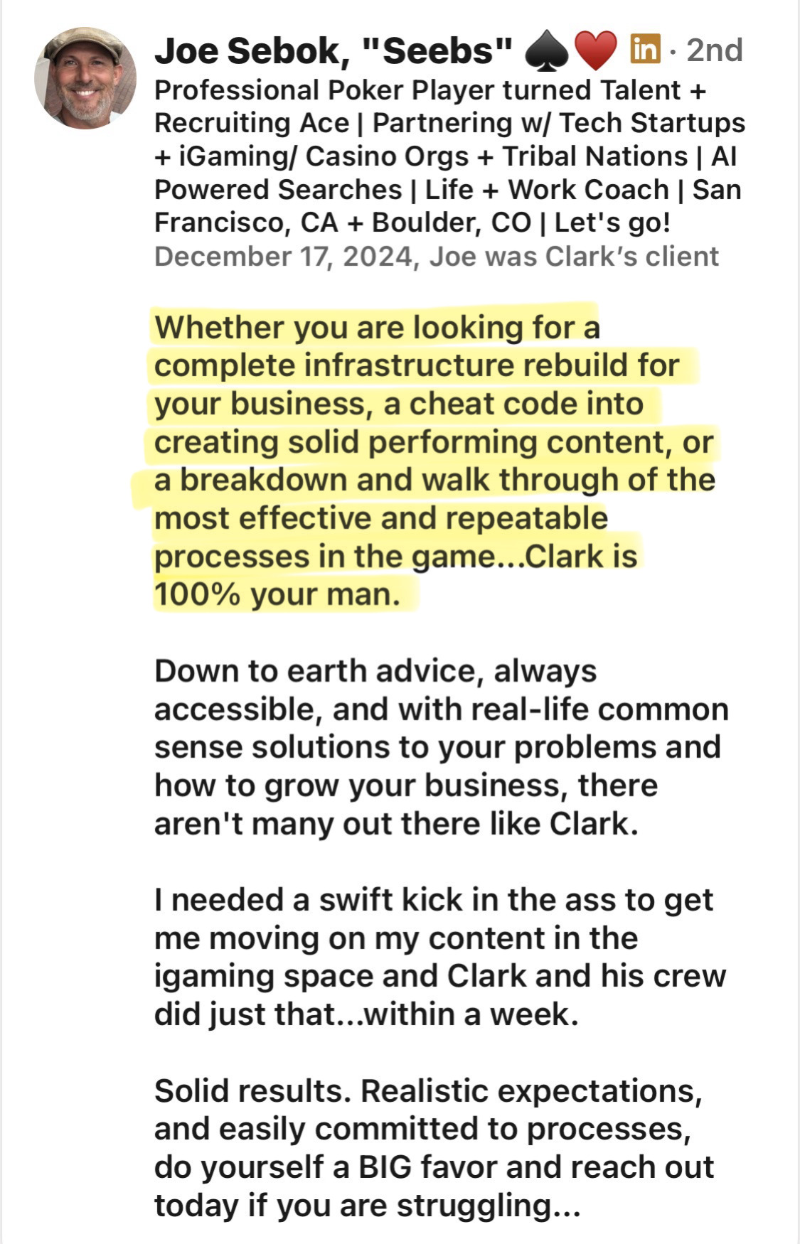 Joe Sebok client testimonial