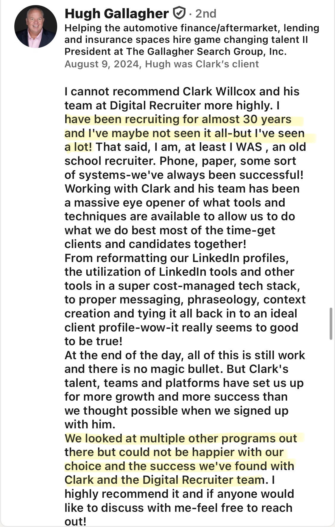 Hugh Gallagher client testimonial