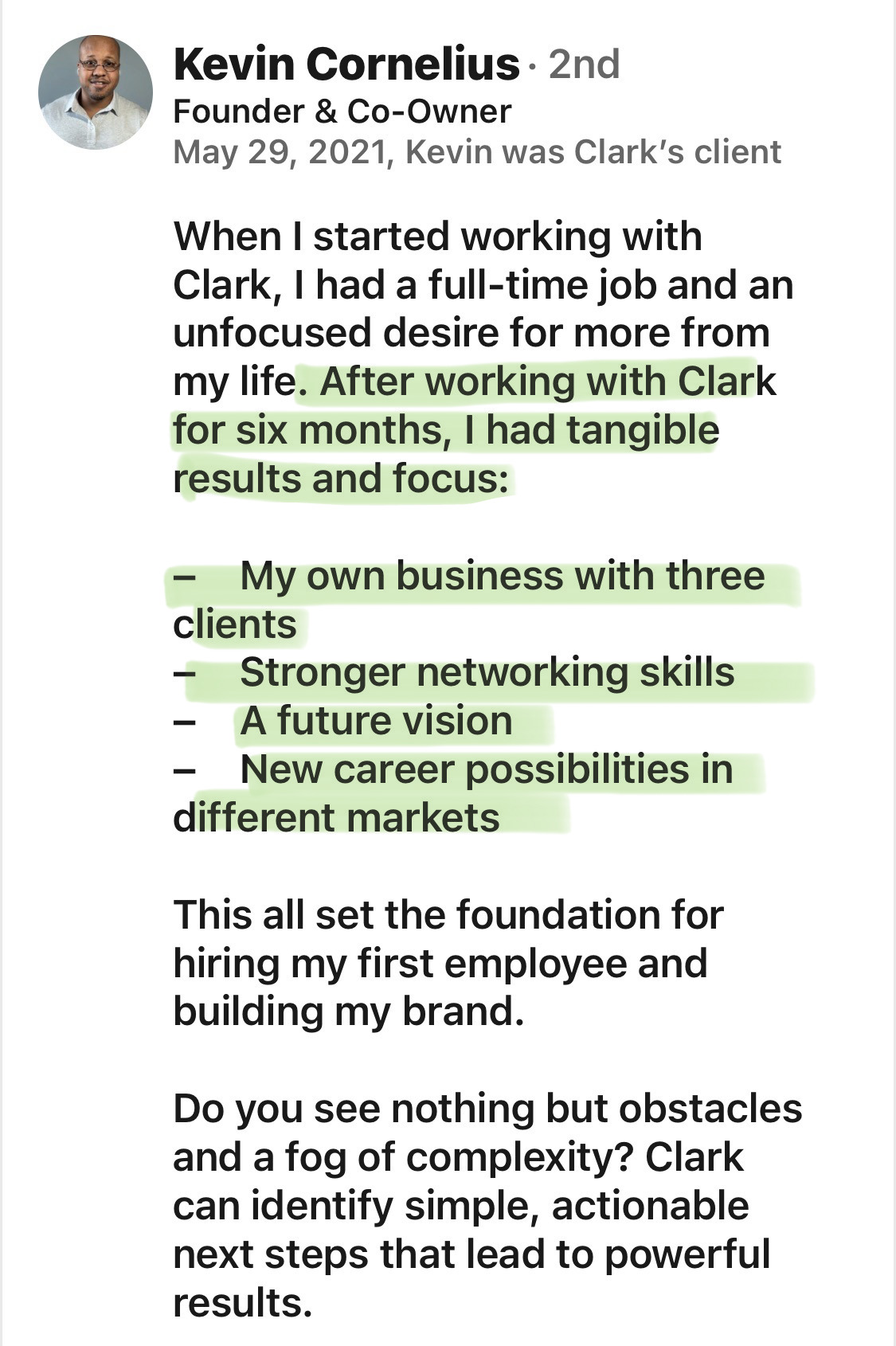 Kevin Cornelius client testimonial