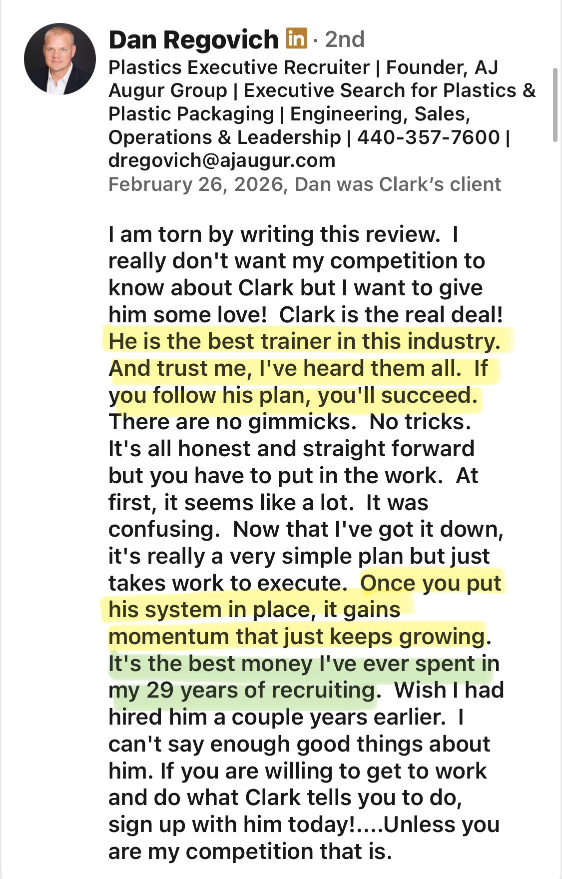 Dan Regovich client testimonial
