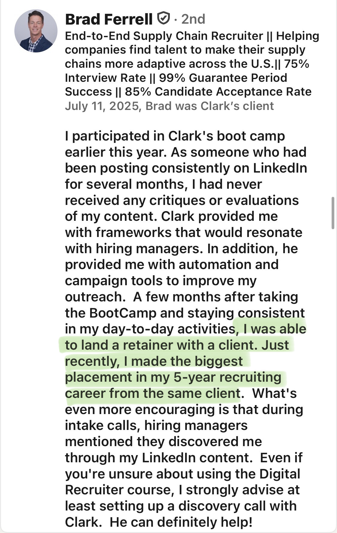 Brad Ferrell client testimonial