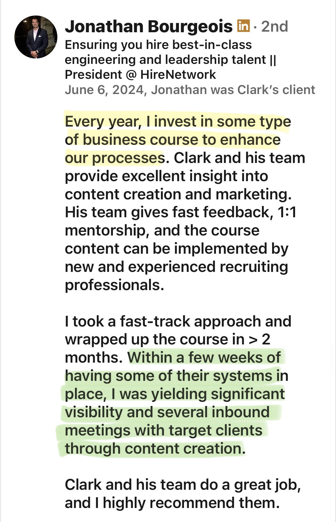 Jonathan Bourgeois client testimonial