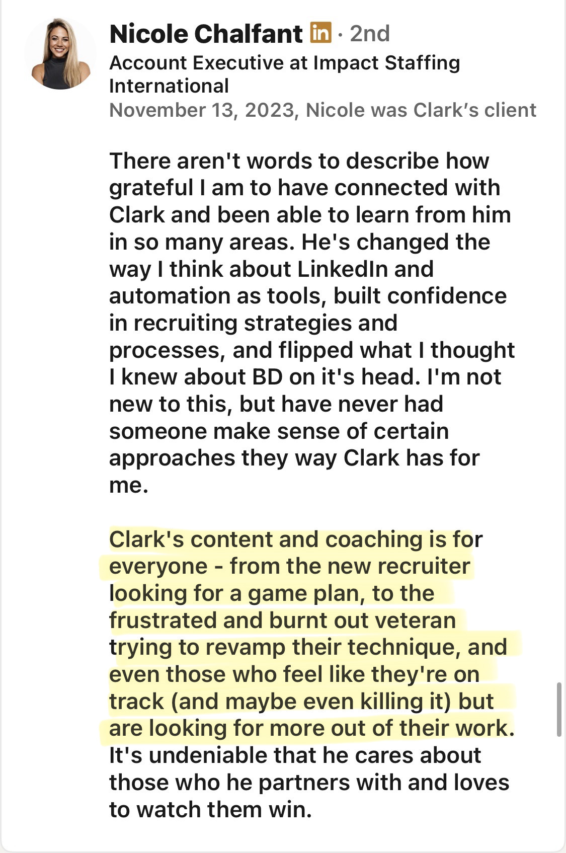 Nicole Chalfant client testimonial