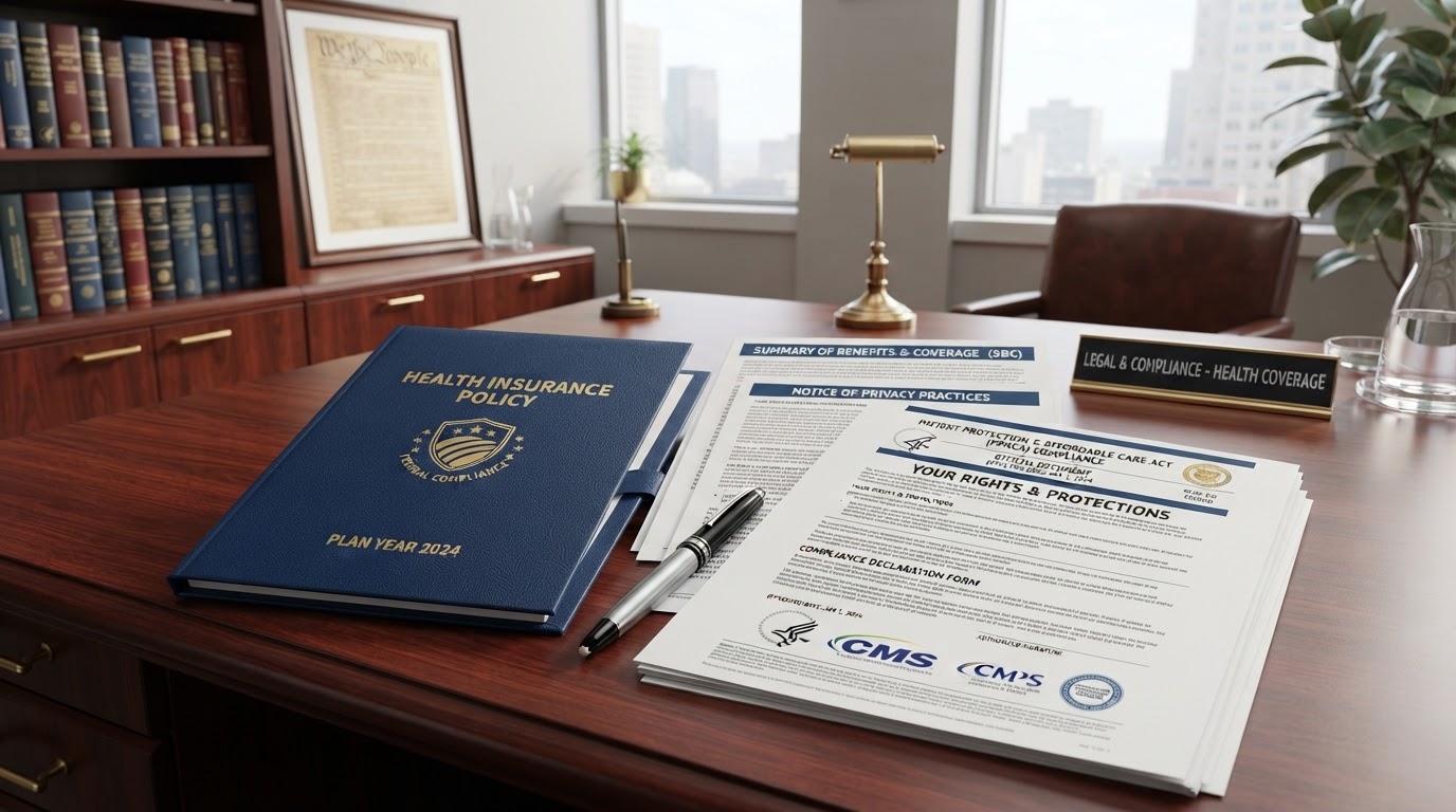 Official health insurance compliance documents and policy review folder on an office desk