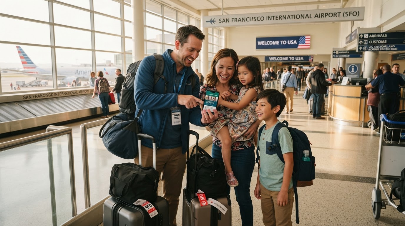 Happy international tourist family with luggage at a sunny US airport arrivals area reviewing travel insurance options on a phone