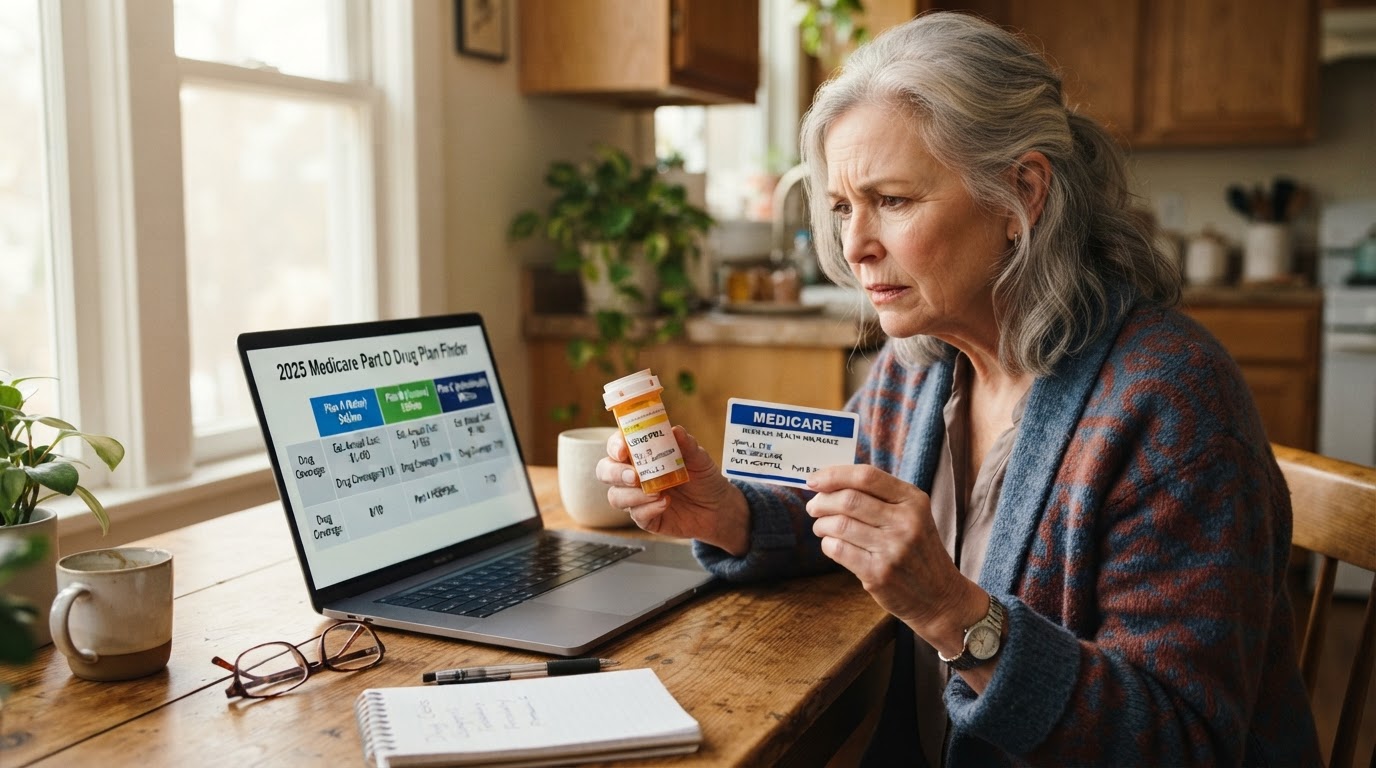 Concerned senior holding a prescription bottle and insurance card at a kitchen table with a laptop showing a Medicare Part D drug plan comparison