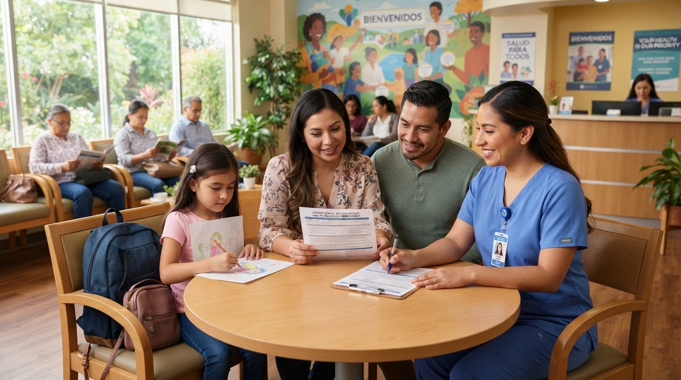 Bilingual nurse helping a Hispanic family with health insurance paperwork at a community health center