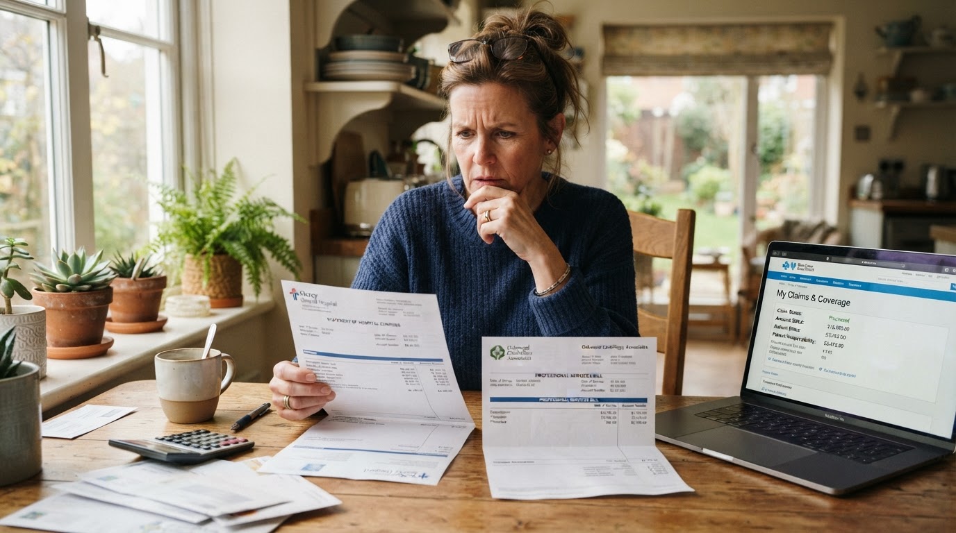 Concerned patient reviewing two unexpected medical bills from a hospital and an out-of-network doctor at a kitchen table with a laptop