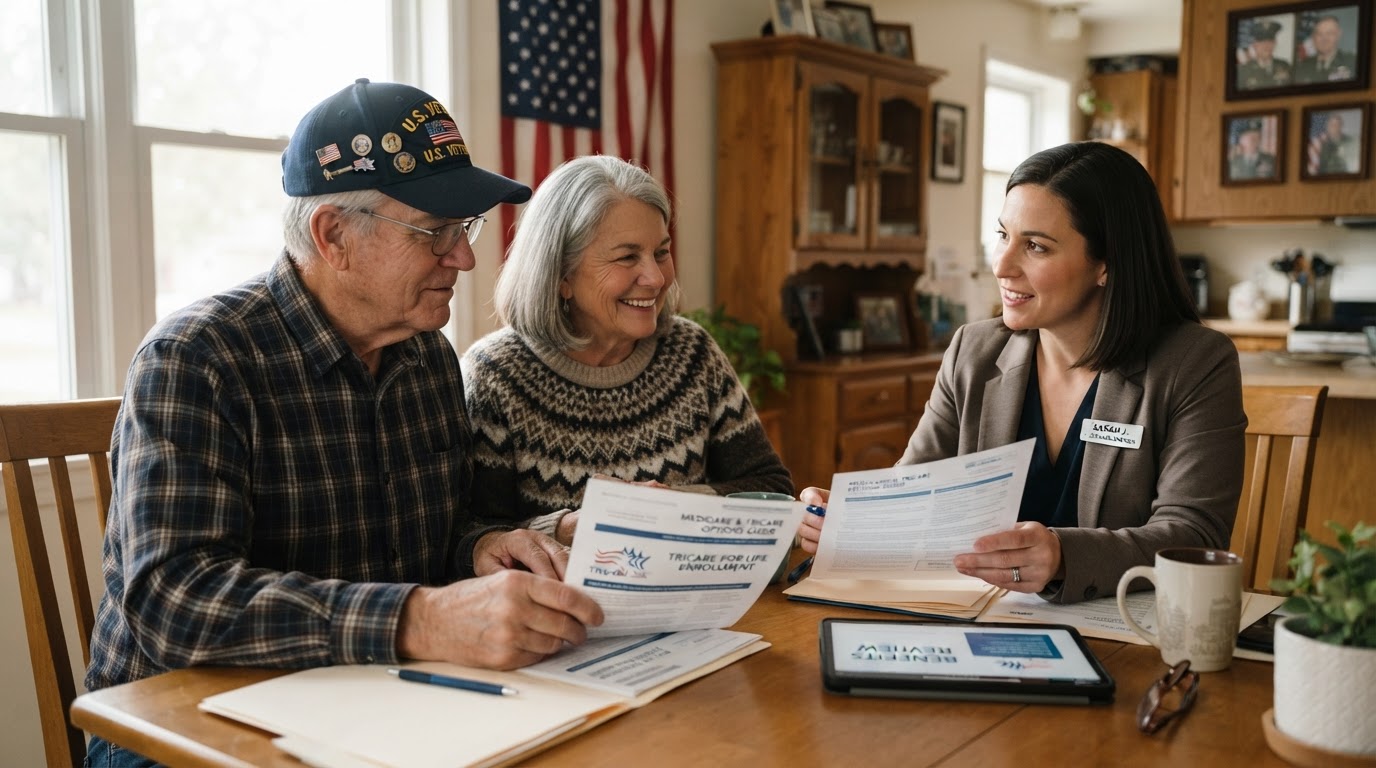 Retired military veteran couple reviewing Medicare and TRICARE for Life documents with a caring licensed insurance broker at their kitchen table