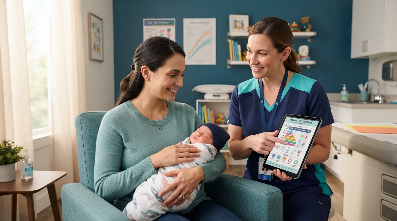 A calm parent holding a newborn baby while a friendly nurse explains a vaccine schedule chart on a tablet in a pediatrician's office