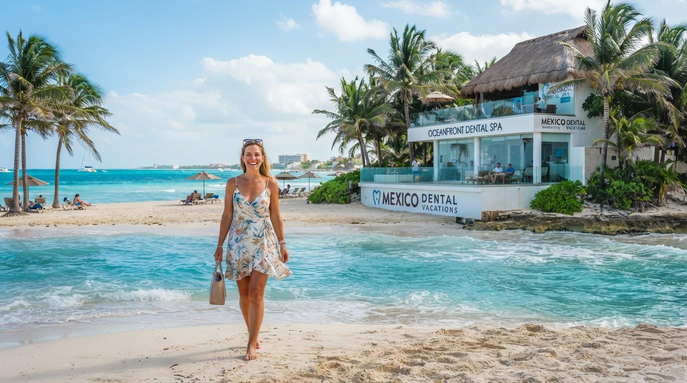 Smiling patient on a beautiful beach in Mexico after affordable dental care, with a modern dental clinic nearby