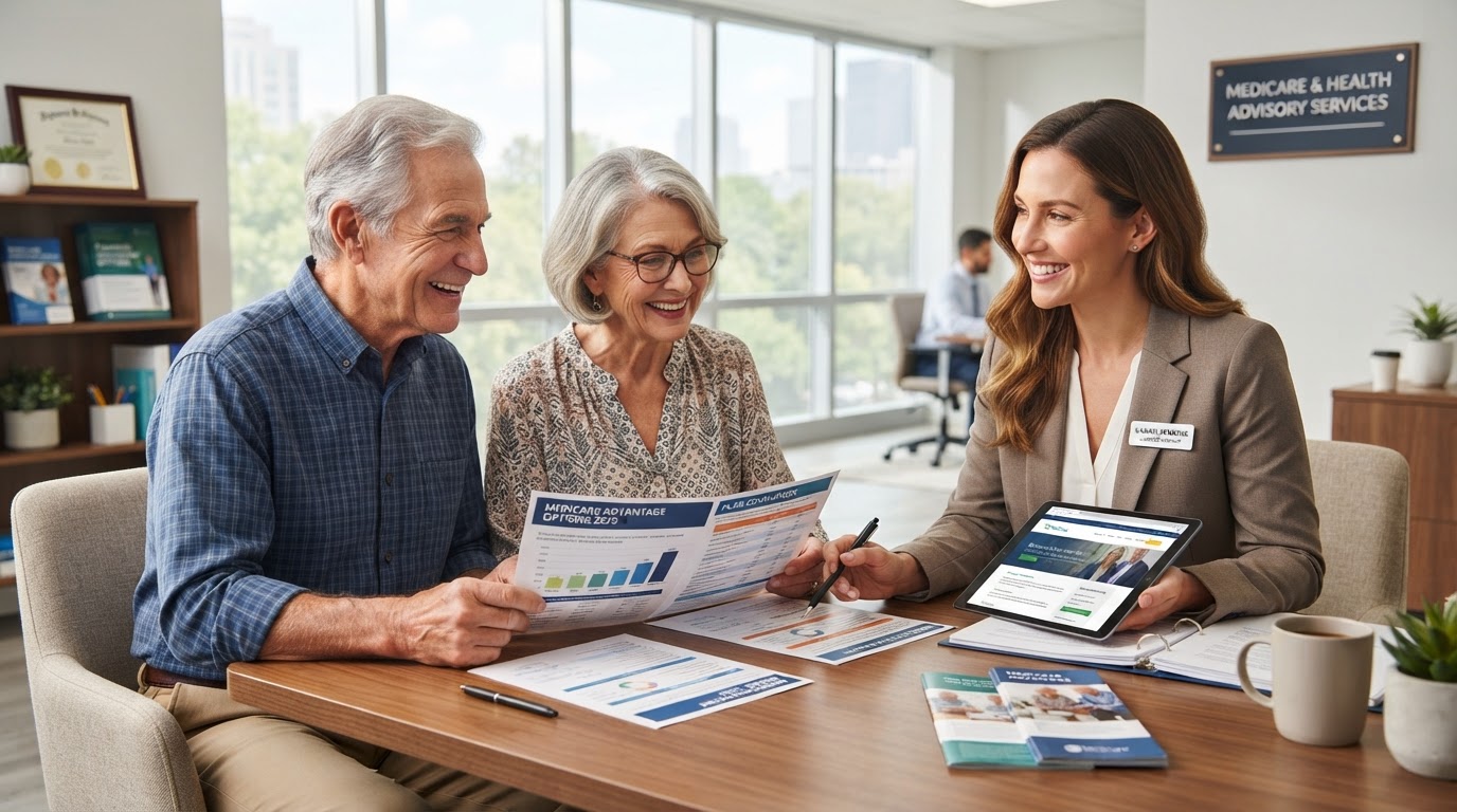 Happy senior couple sitting with a caring licensed insurance broker reviewing Medicare options