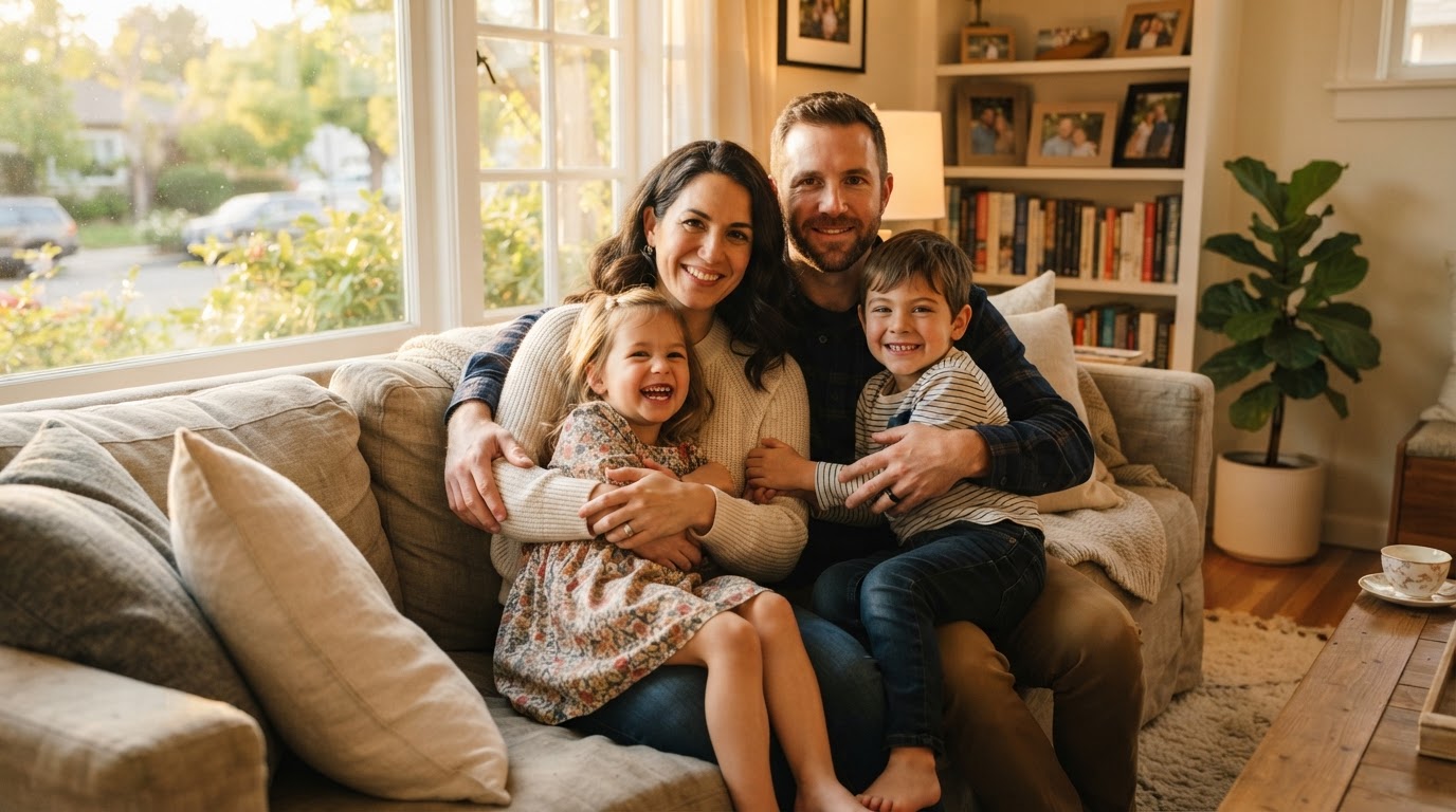 Loving parents protectively holding their two children on the couch at home, representing family financial protection