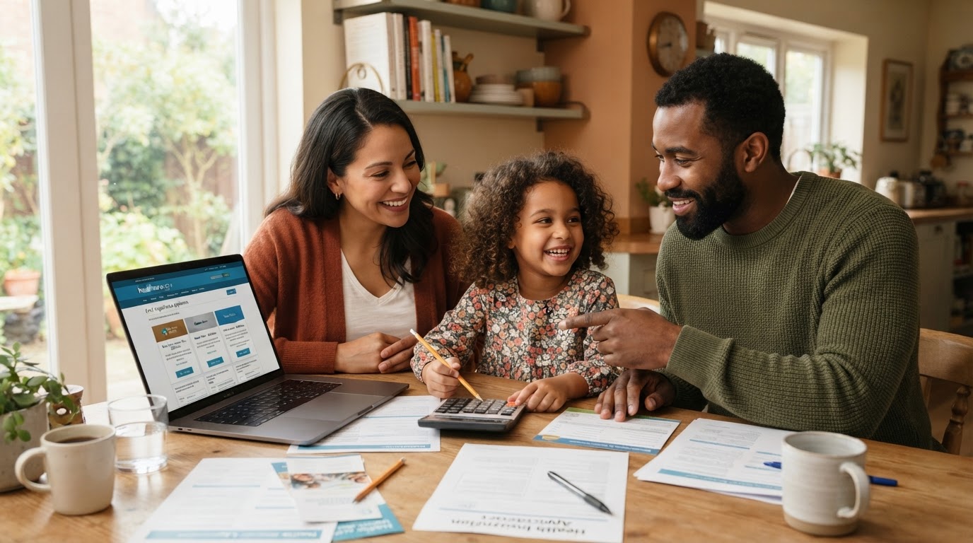 Young diverse family reviewing Affordable Care Act health insurance options on a laptop at their kitchen table with enrollment documents