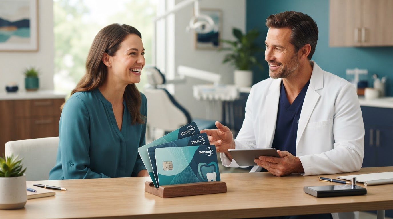 Two overlapping dental insurance cards on a desk with a friendly dentist and smiling patient, illustrating dental plan coordination
