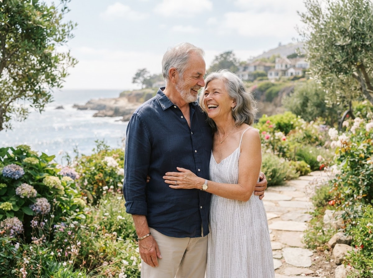 A happy senior couple smiling together outdoors in warm natural light