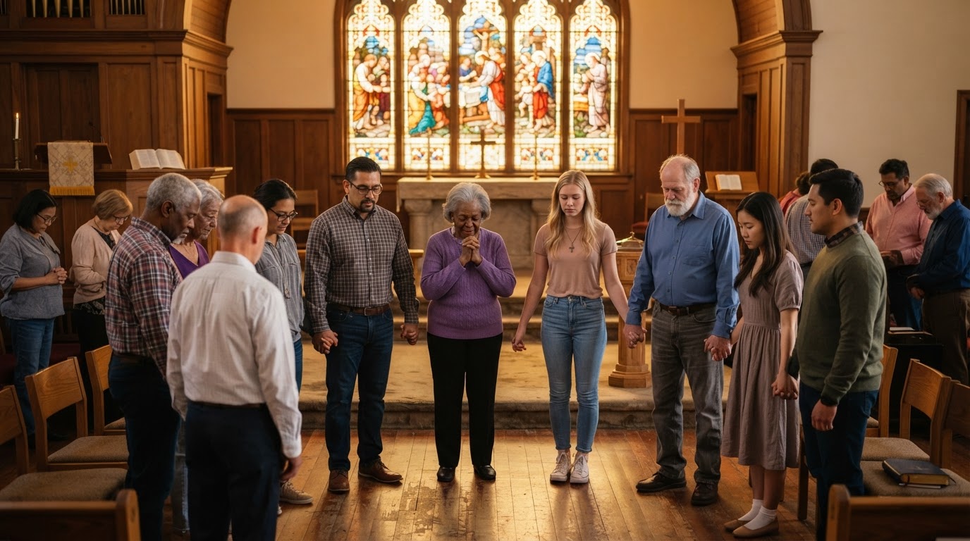 Diverse group of Christian community members holding hands in a prayer circle at a church