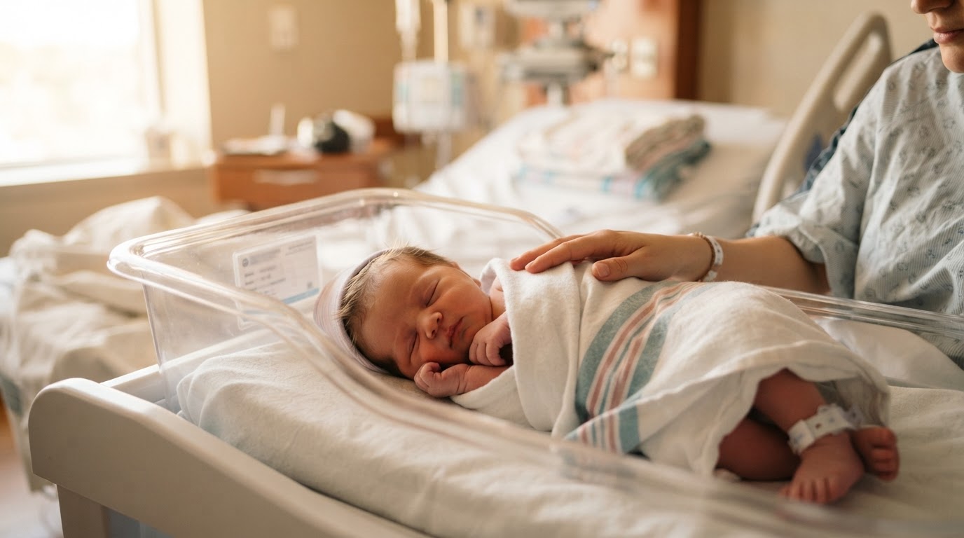 A newborn baby sleeping peacefully in a hospital bassinet with a mother's hand gently resting beside the baby
