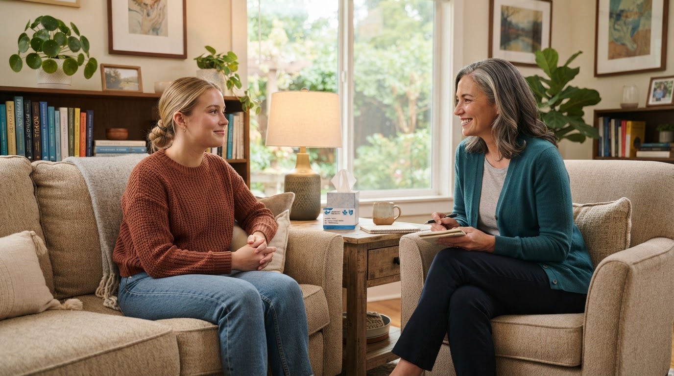 Person talking with a caring mental health counselor in a warm, welcoming therapy office with a health insurance card on the side table