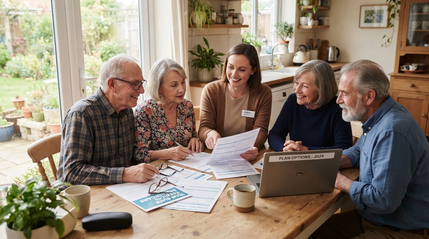 A diverse group of adults over 65 reviewing health insurance options with a friendly licensed insurance broker at a bright kitchen table