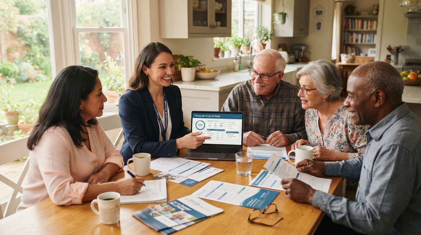 Diverse group of seniors and a caring licensed insurance broker reviewing Medicare 2027 plan options together at a bright kitchen table