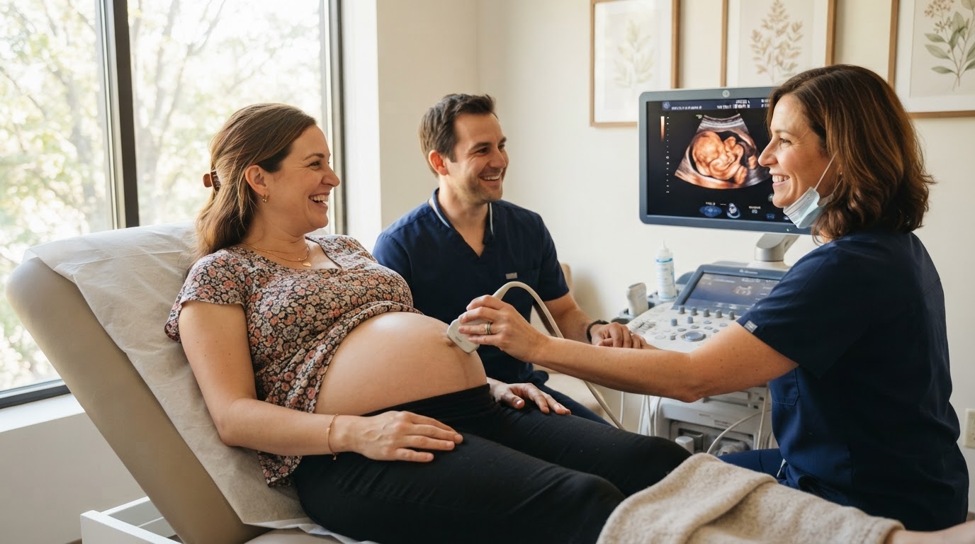 A happy pregnant woman during an ultrasound appointment with a friendly sonographer and the baby visible on a monitor in a bright modern medical office