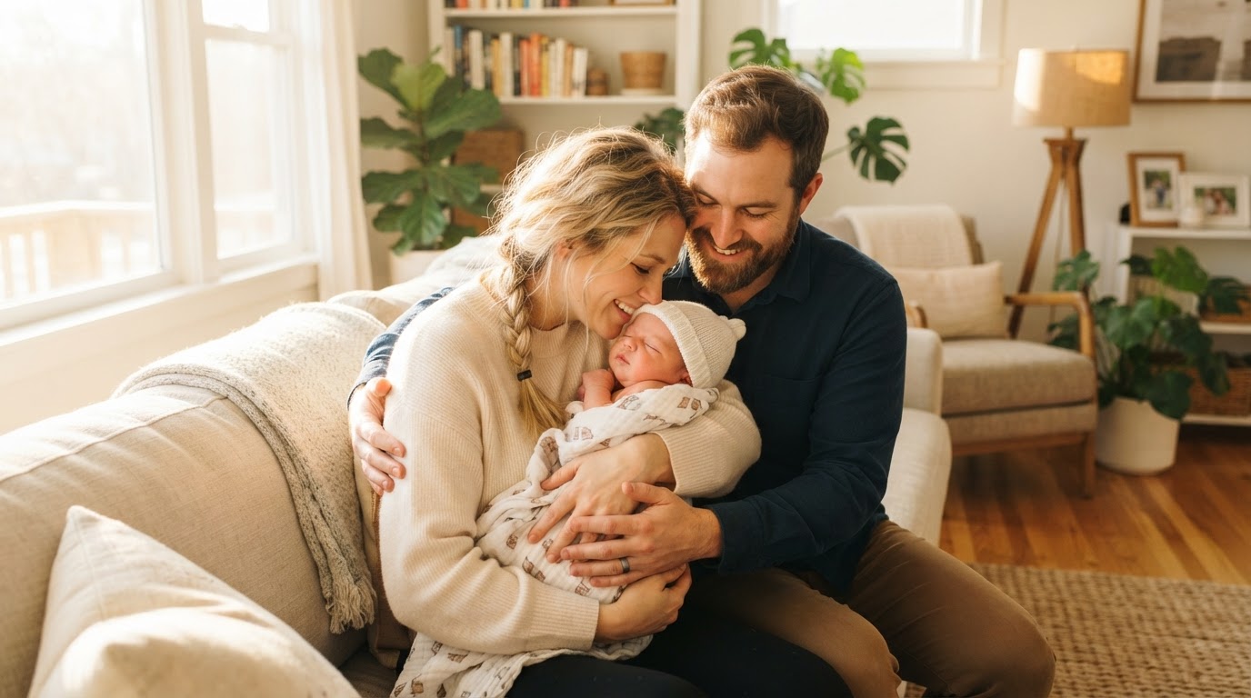 Loving young family tenderly holding their newborn baby in natural warm sunlight