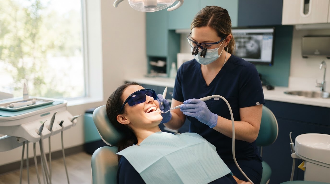 Friendly dental hygienist performing a deep cleaning procedure on a relaxed patient in a modern bright dental office