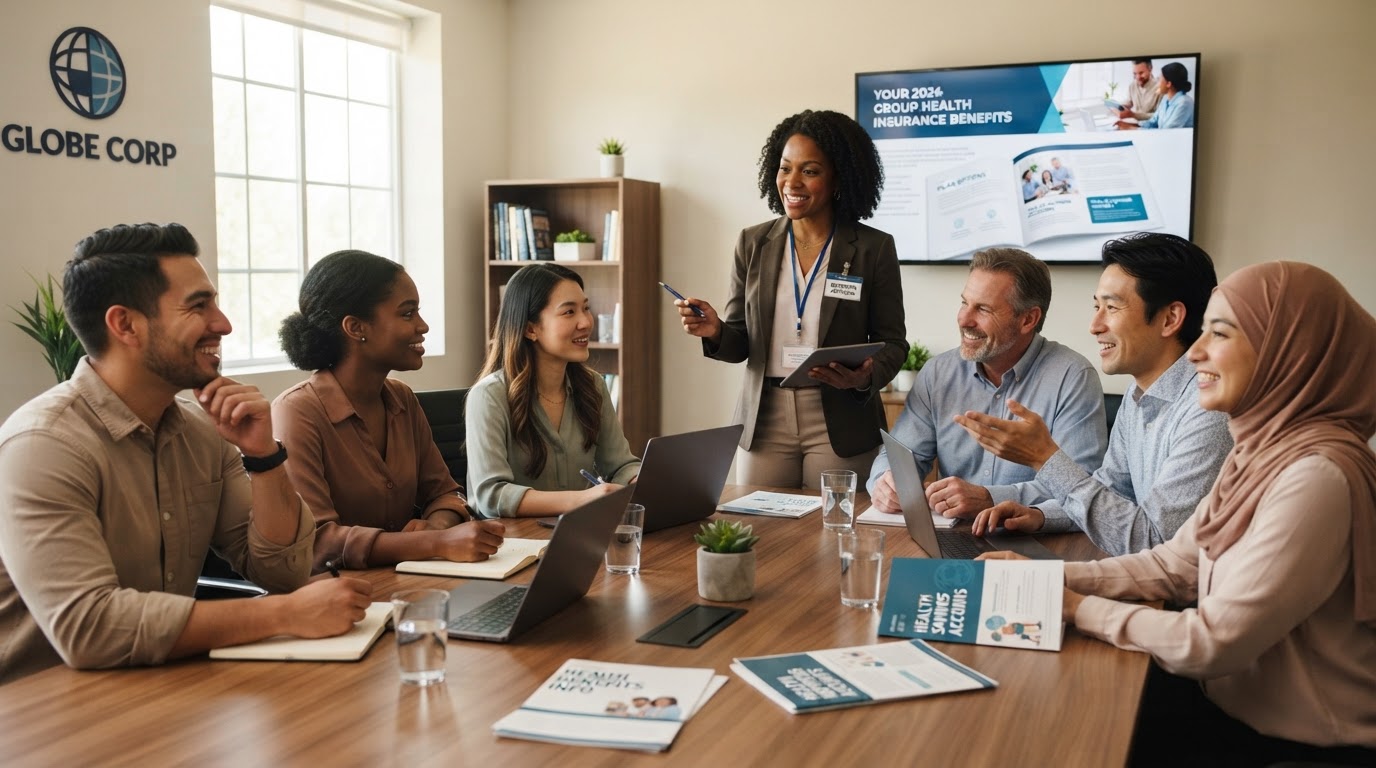 Diverse group of employees meeting with a licensed insurance broker to discuss employer-sponsored group health insurance benefits in a bright office