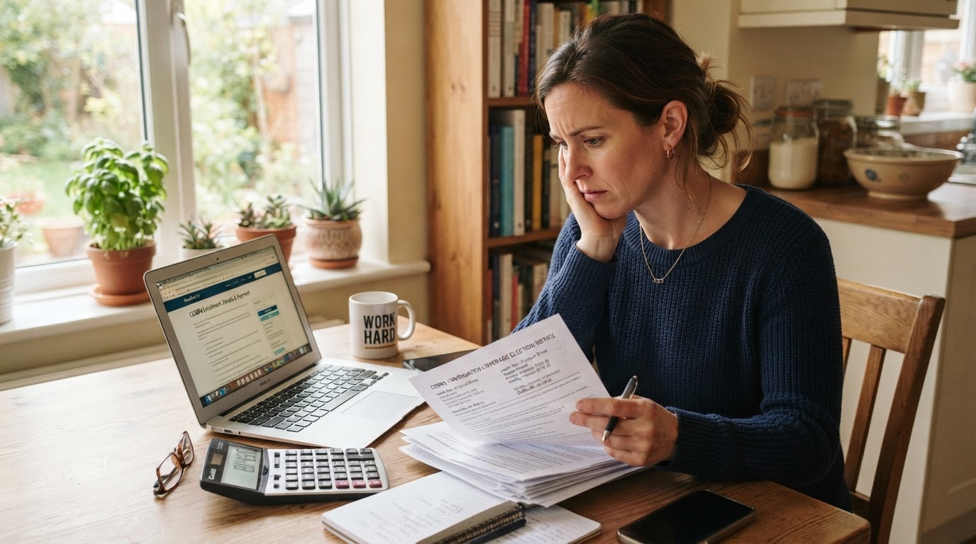 Concerned employee reviewing COBRA health insurance continuation paperwork at a kitchen table with a laptop and calculator