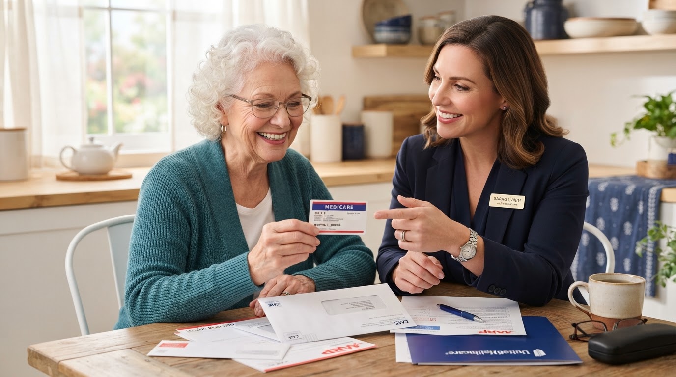 A happy 65-year-old opening mail to reveal a Medicare card beside a friendly licensed insurance broker at a bright kitchen table