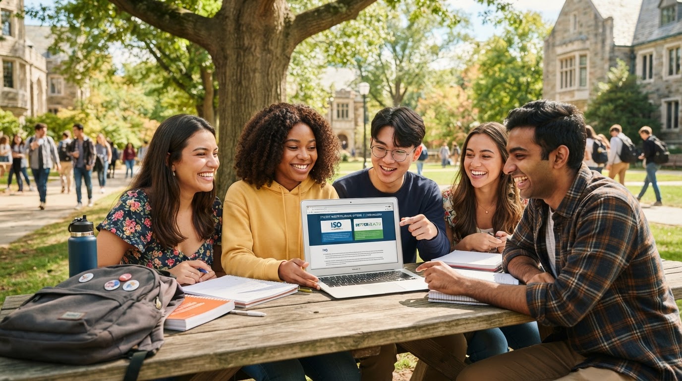 Diverse group of international college students studying together on a sunny university campus, representing F-1 student visa holders exploring health insurance options