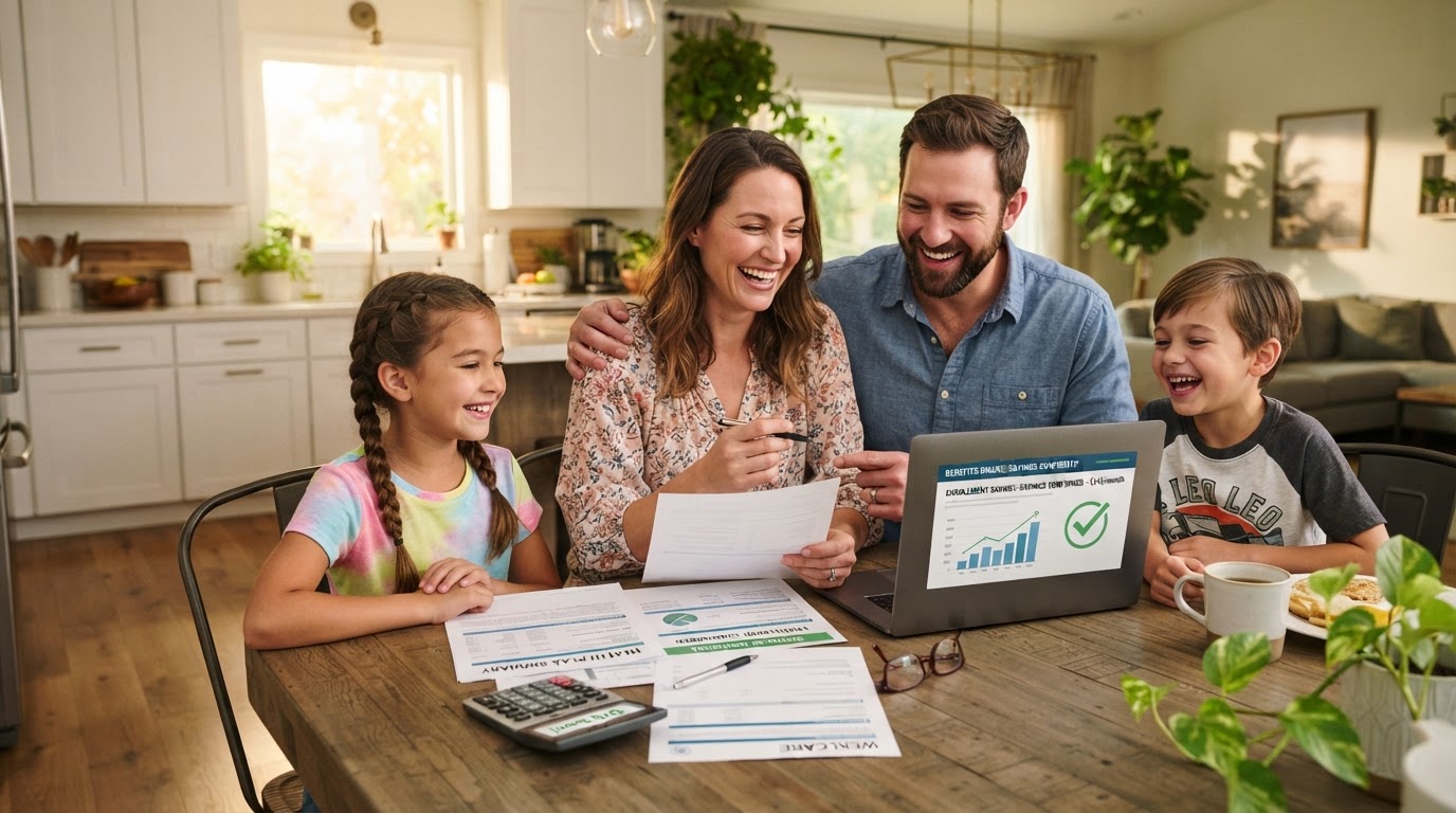 Happy family reviewing affordable health insurance documents at their kitchen table with a laptop