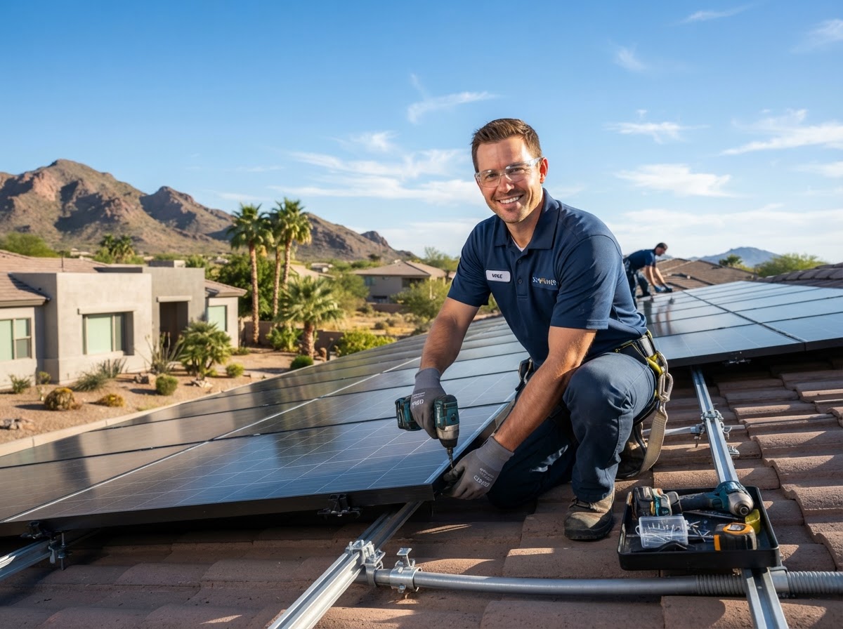 Técnico de EcoEnergy Solutions instalando paneles solares en Yuma