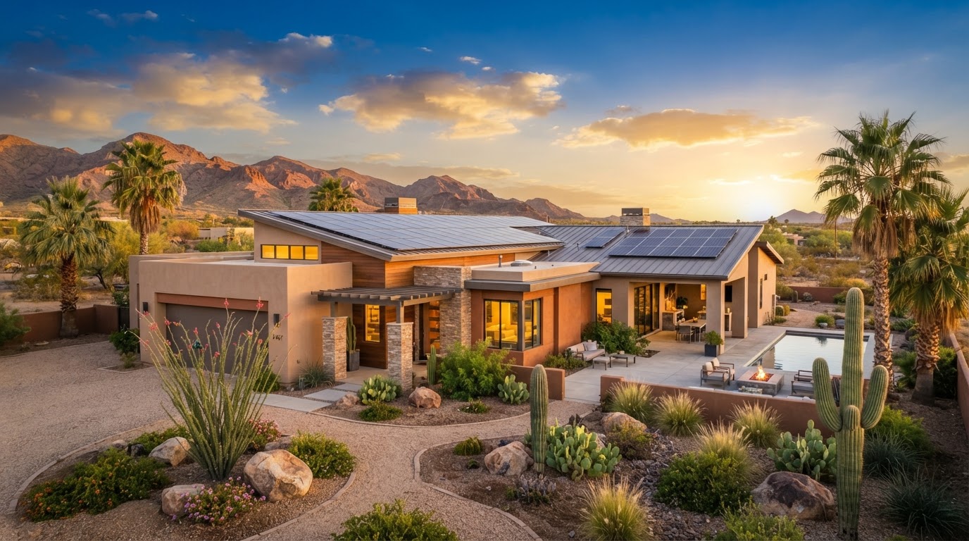 Casa con paneles solares en Yuma, Arizona al atardecer
