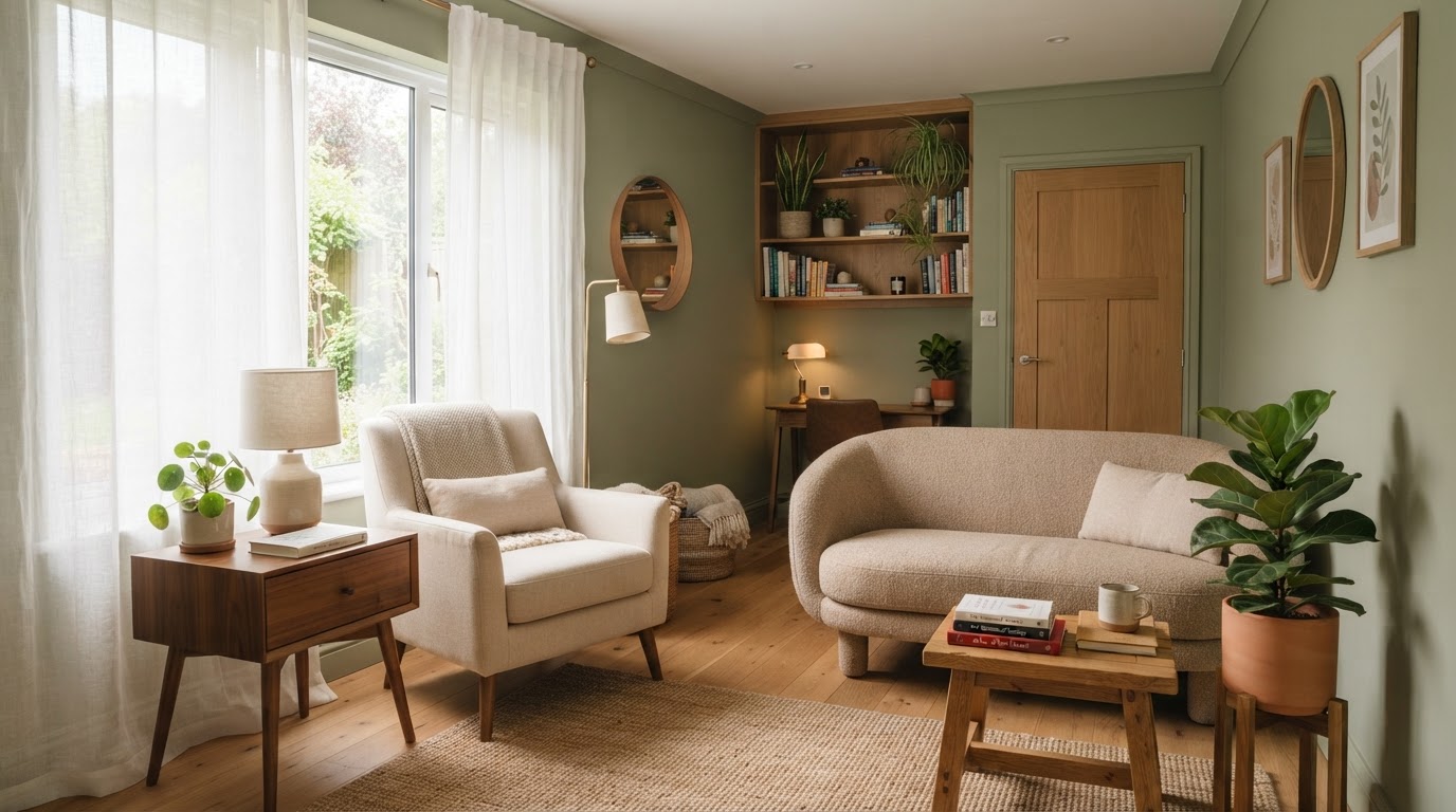 A calm therapy office with natural light, warm wood, and leafy plants