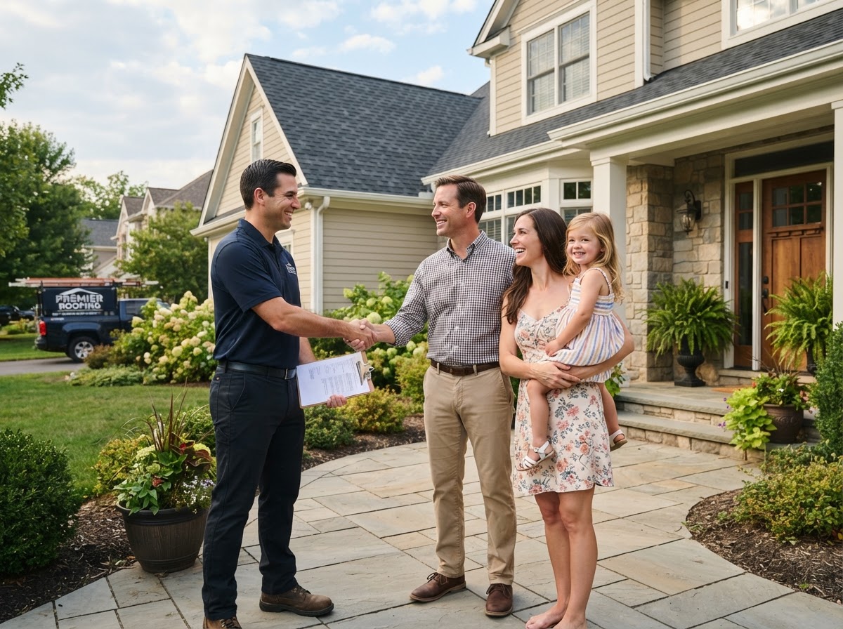 Happy homeowner husband with full hair shaking hands with smiling roofing contractor while his wife holds their daughter outside their home