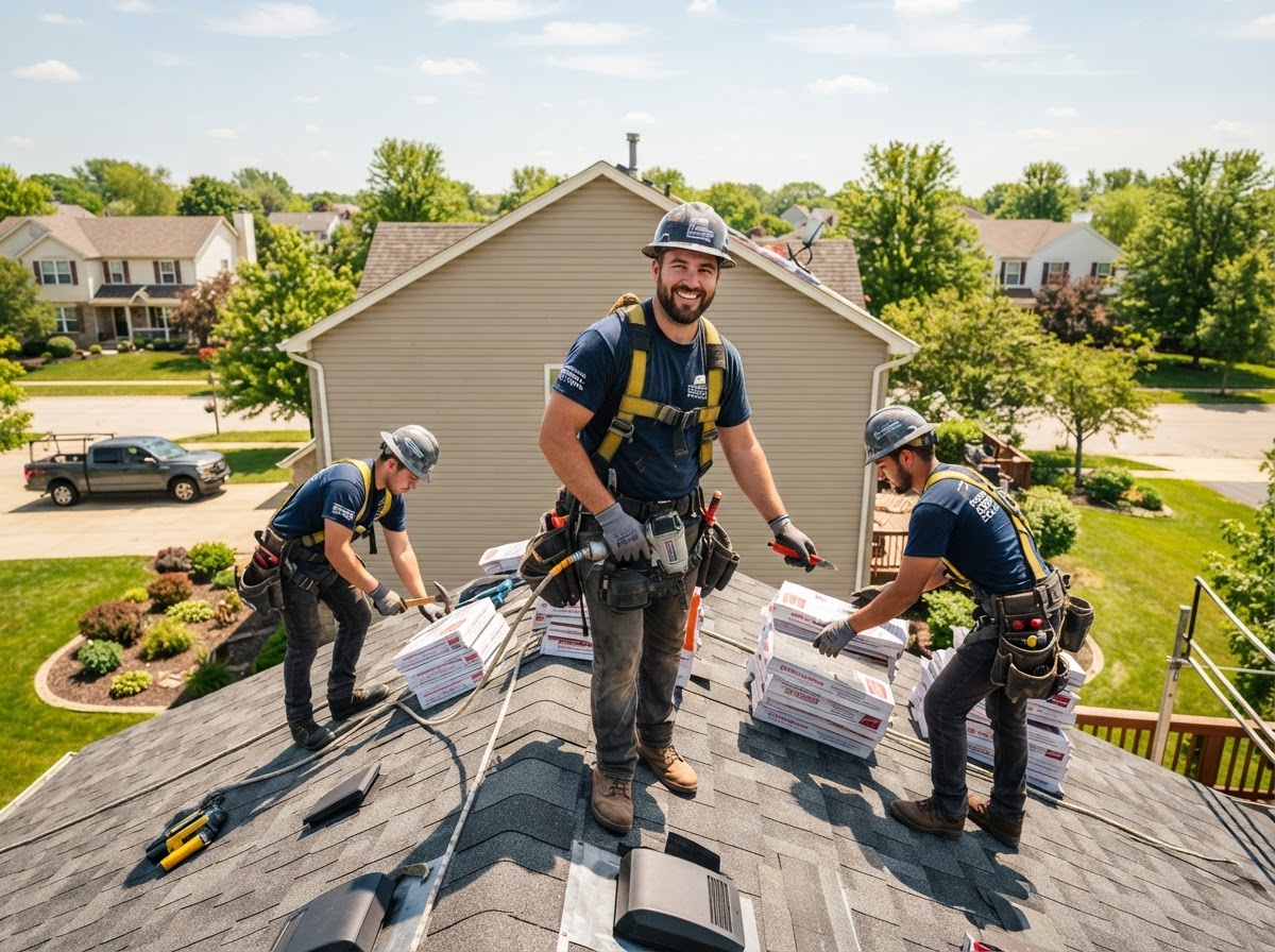 Happy team of professional roofers working together on a residential roof, smiling and confident with consistent lead flow