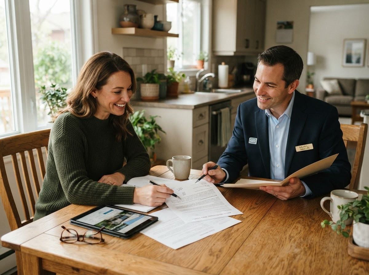 A homeowner and a professional reviewing property paperwork together