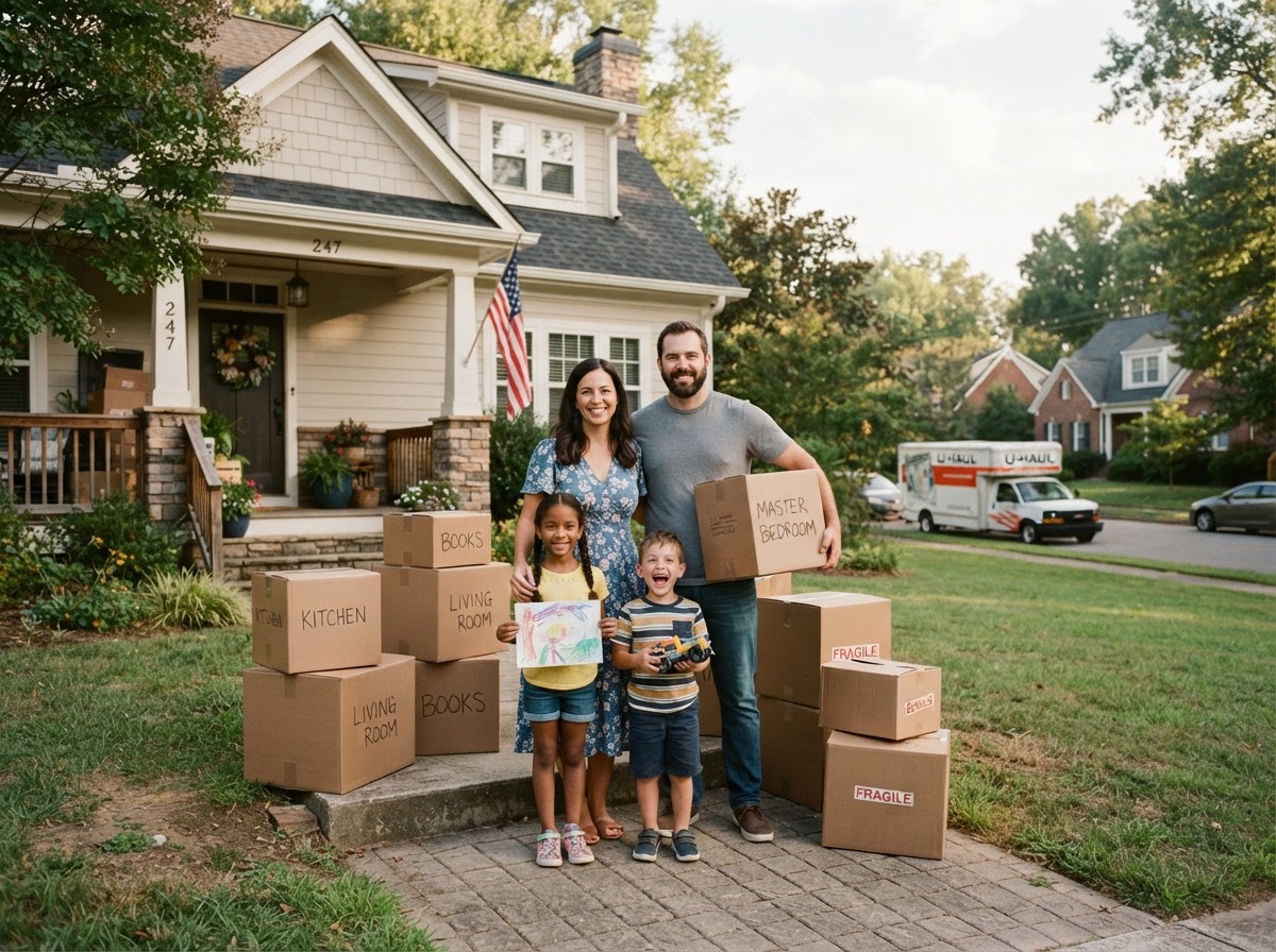 A family relocating with moving boxes in front of their home