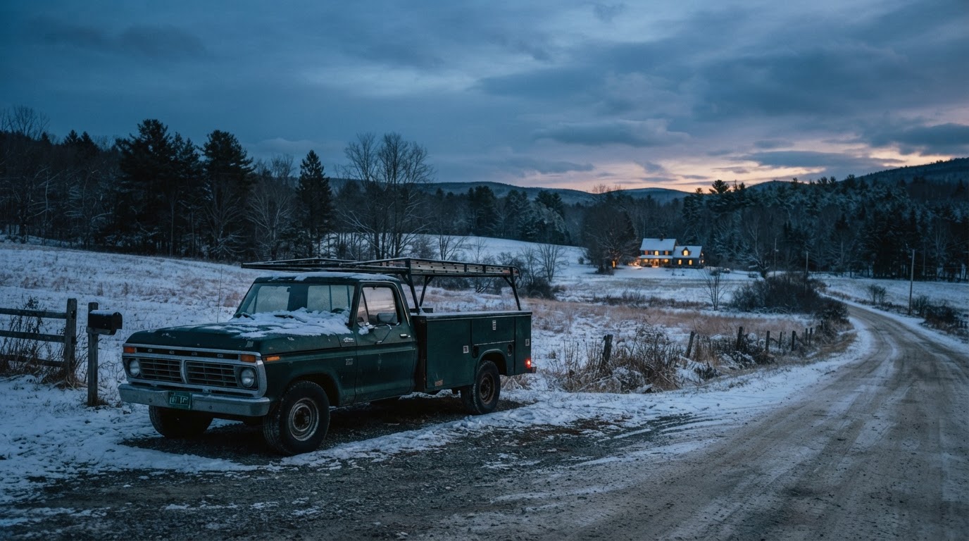 Ivers Electric work truck on a rural Vermont road at winter dusk