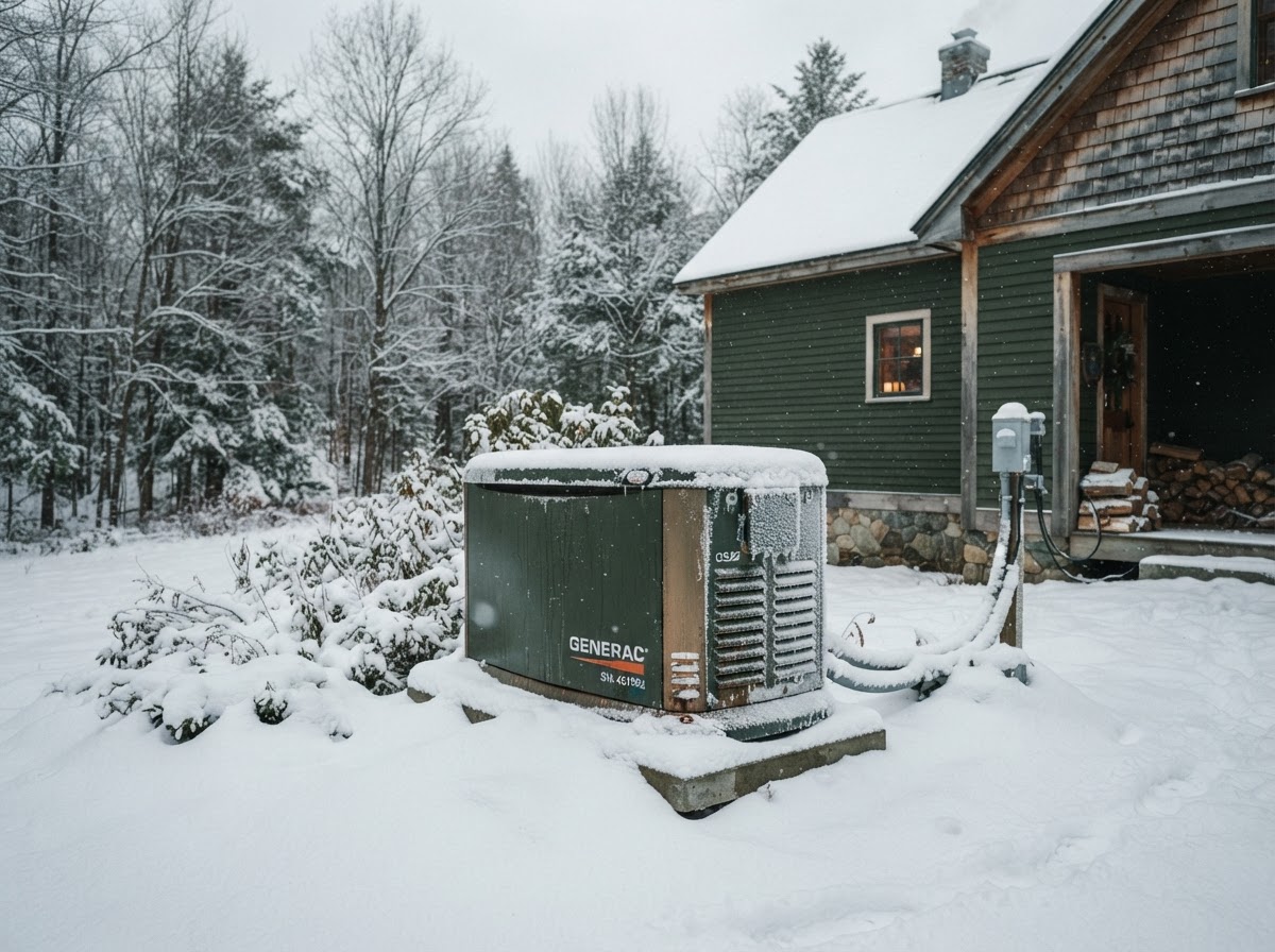Standby generator in deep snow beside a Vermont farmhouse