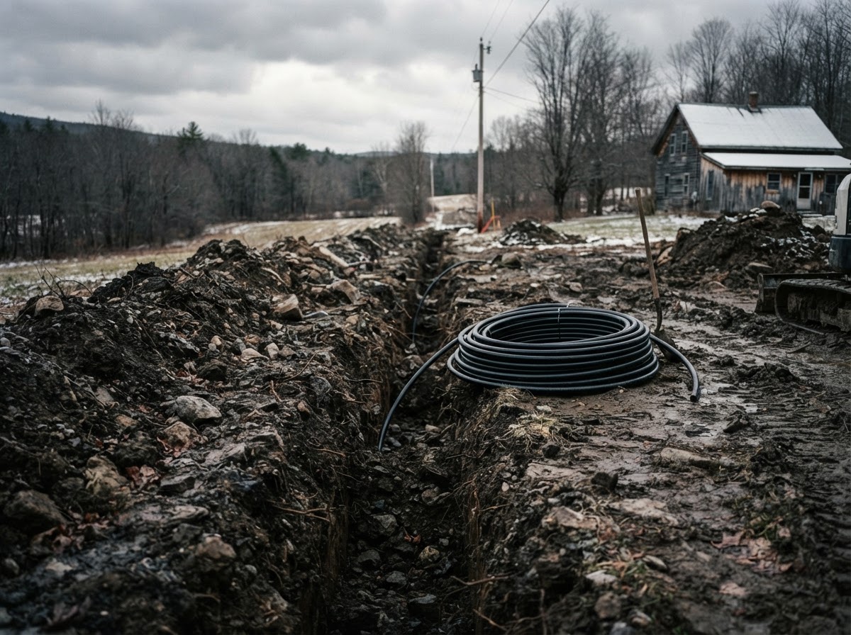 Fresh trench in dark Vermont soil for underground electrical service