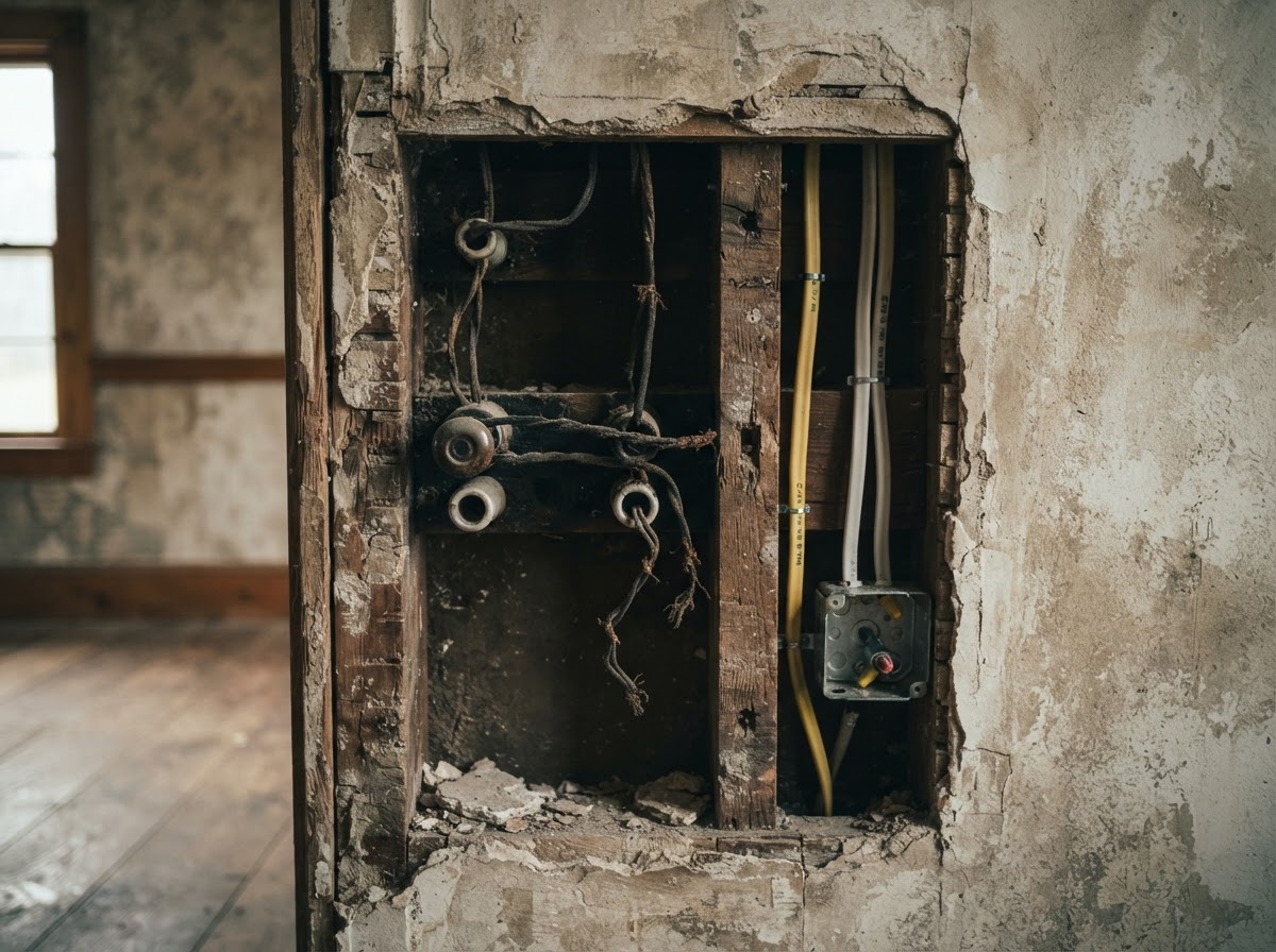 Knob-and-tube wiring beside new wiring in an old Vermont farmhouse wall
