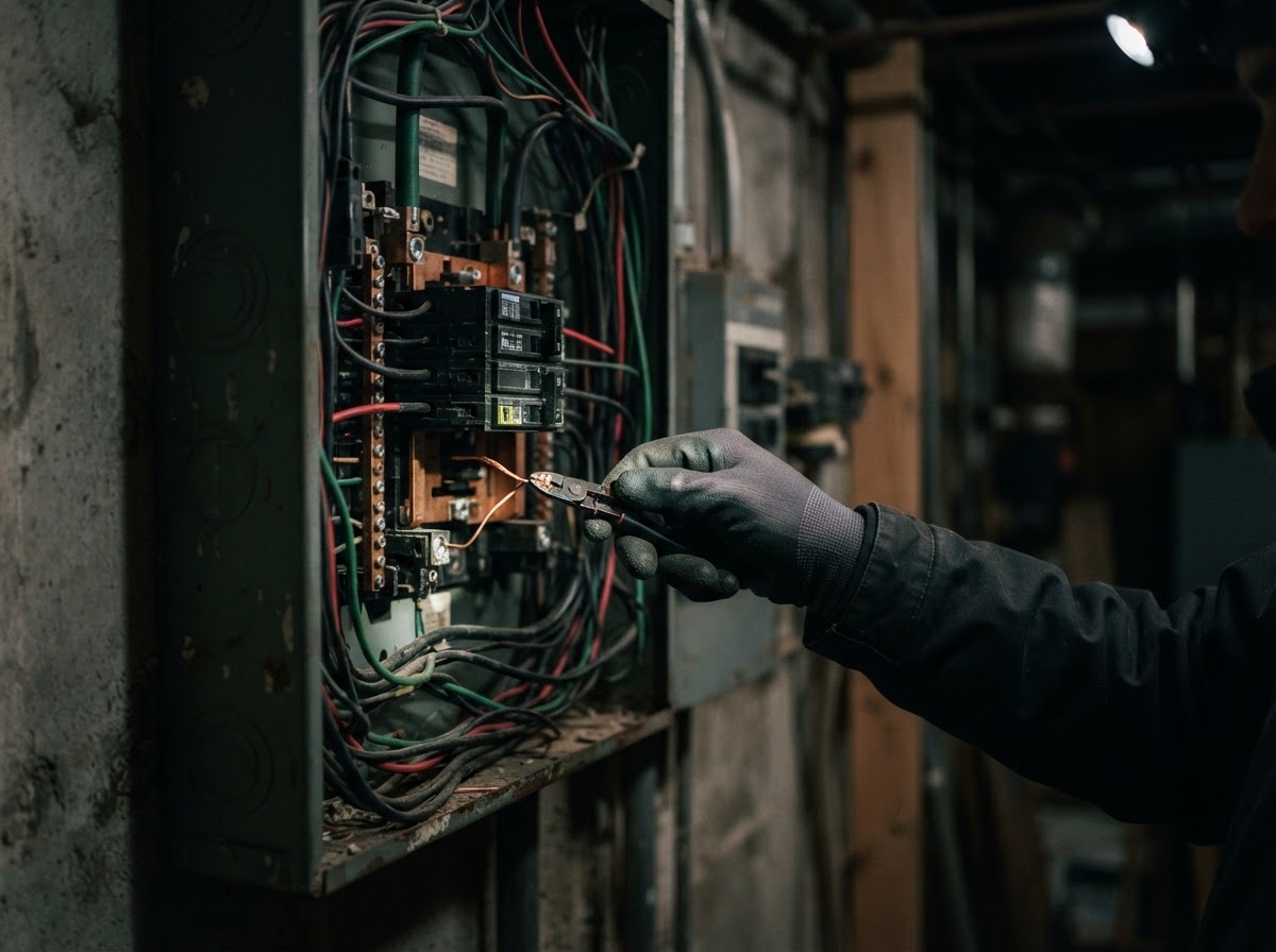 Gloved hand working on an open electrical service panel, Vermont