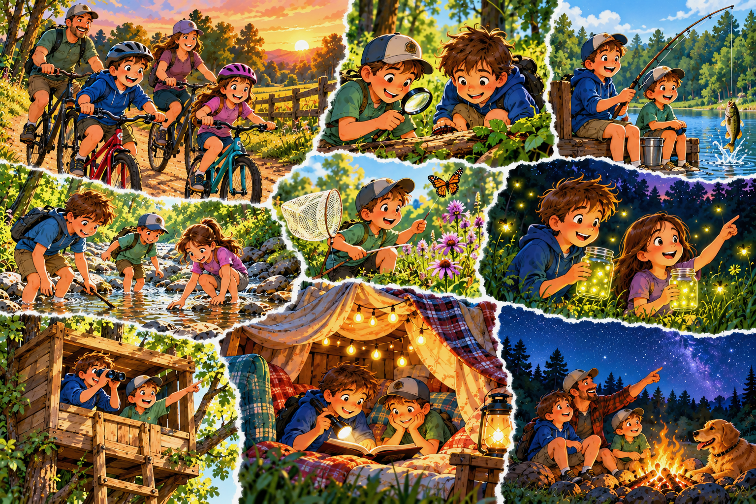 Childhood memories collage of outdoor adventures: riding bikes, catching fireflies, reading in blanket forts, fishing, examining nature with magnifying glasses, and campfires