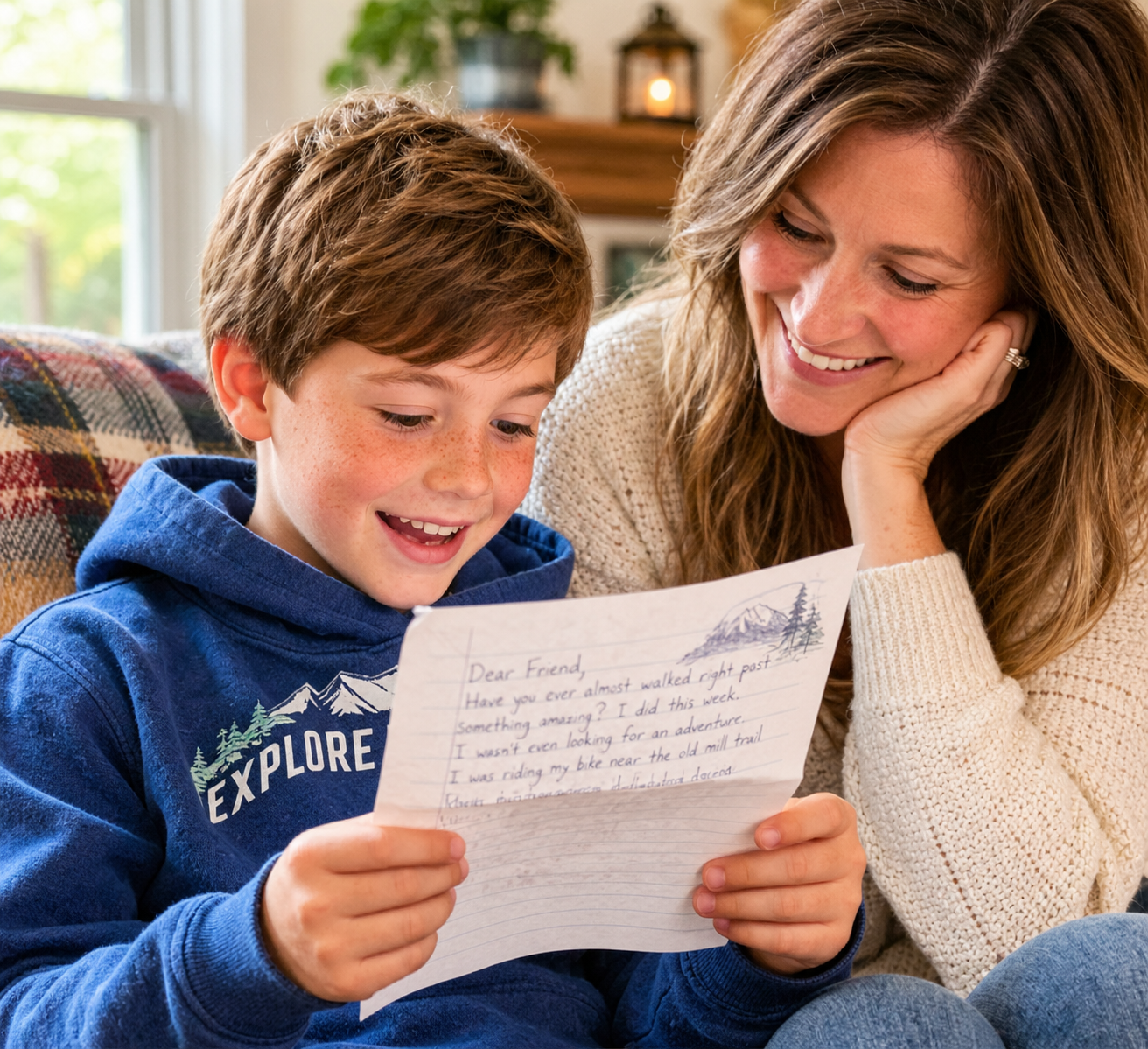 Mother and son smiling together while reading a handwritten adventure letter