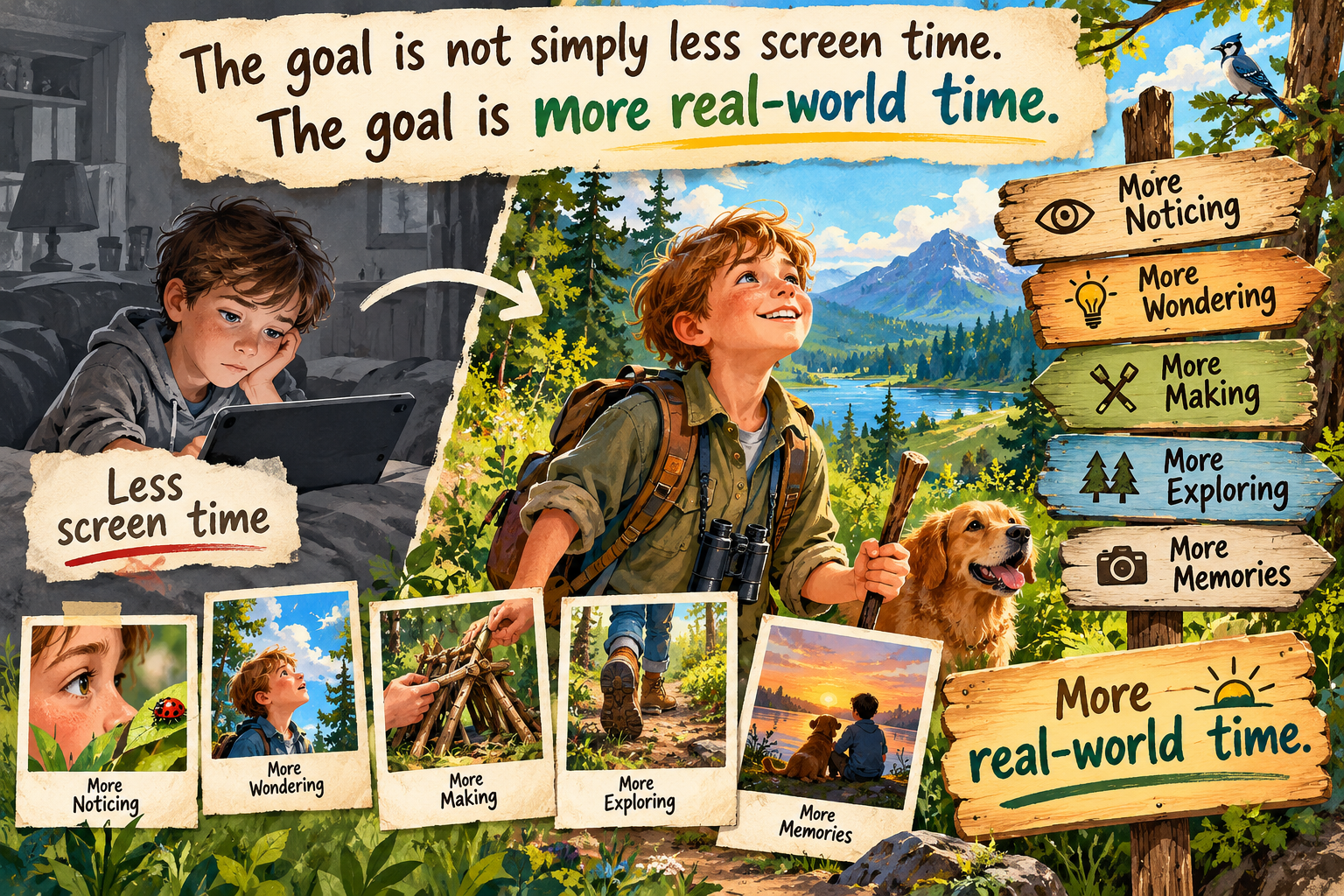 The goal is not simply less screen time. The goal is more real-world time: more noticing, wondering, making, exploring, and memories.