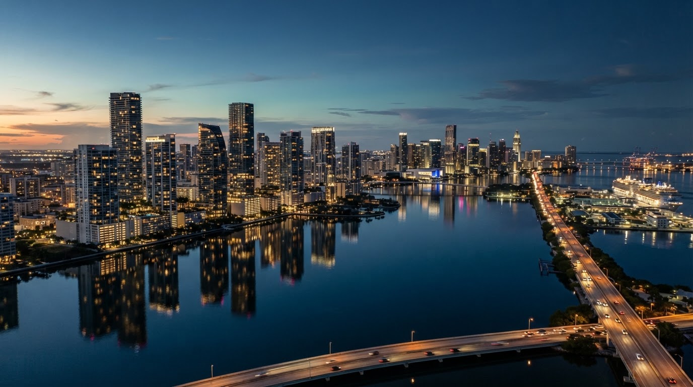 Miami skyline at blue hour over Biscayne Bay