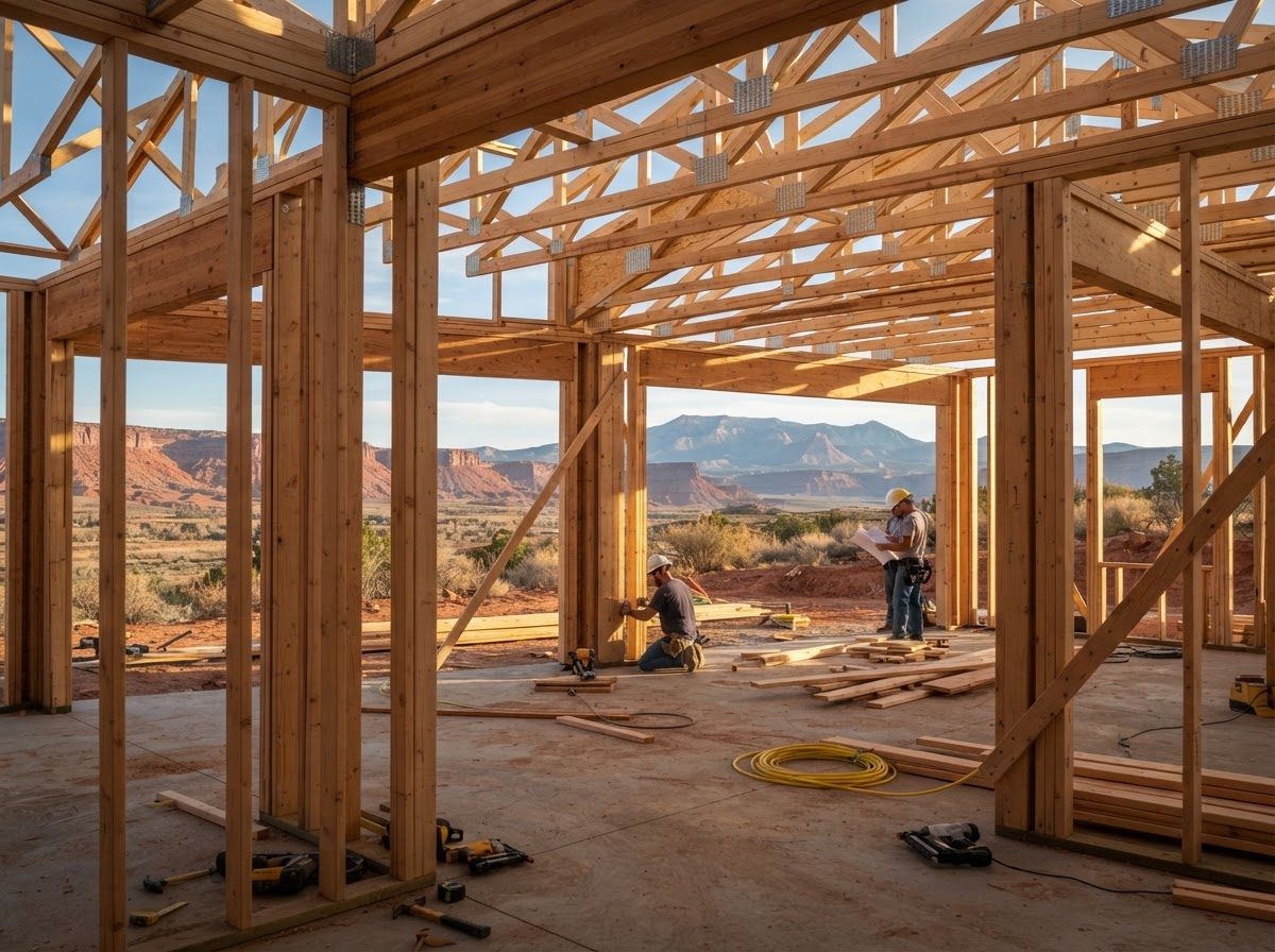Dixie Framing crew framing a custom home on a Saint George, Utah jobsite